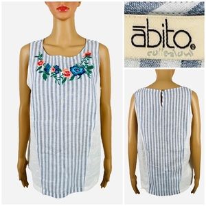 Abito Womens Large Top Sleeveless 100% Linen Lino Striped Embroidered Floral